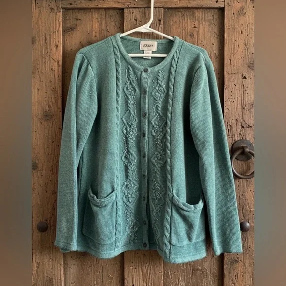 Vintage Jenny Teal Granny Core Button Pockets Beaded Knit Cardigan Size Medium - Picture 2 of 13